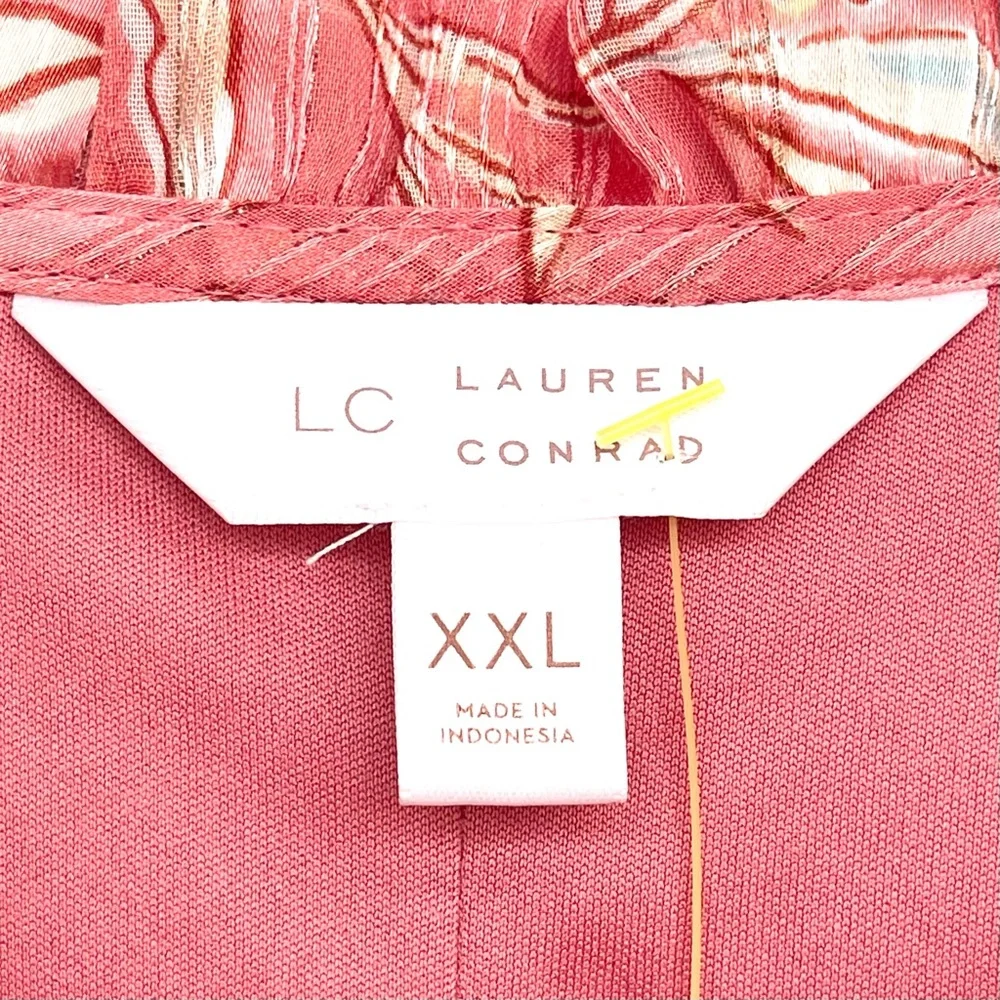 LC LAUREN CONRAD Chiffon Bohemian Blouse 3/4 Ruffle Sleeve Split Neck with Tie - Picture 9 of 12